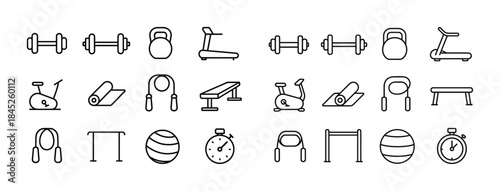 Collection of gym equipment icons: dumbbell, kettlebell, treadmi