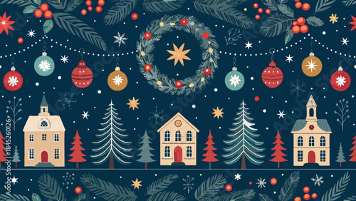 Panoramic seamless pattern with Christmas decorations. Vector 