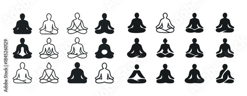 Set of meditative human silhouettes in various yoga poses