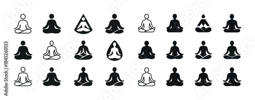 Set of diverse meditation icon silhouettes in various poses