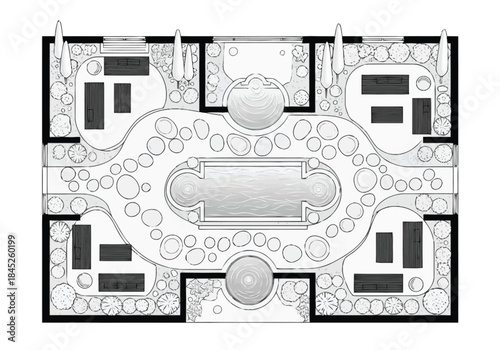 Elegant Landscape Design Plan Top View Pool Seating and Garden Layout Concepts layout architecture interior design icons exclusive