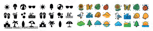 Summer icons and nature symbols: beaches, sunshine, flowers, and