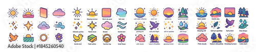 Vibrant nature icons: sun, clouds, stars, trees, ocean, mountain
