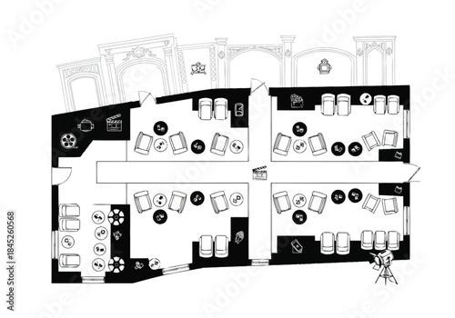 Modern cinema layout plan with seating arrangement and icons top view layout architecture interior design icons exclusive