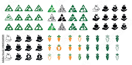 Collection of fruit and vegetable icons in triangular and circul