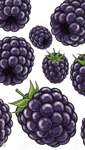 Close-up of ripe blackberries on a white background, showcasing rich purple fruits.