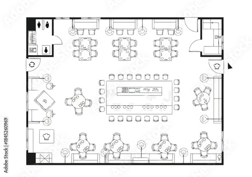 Modern Office Space Floor Plan Design with Meeting Rooms and Workstations layout architecture interior design icons exclusive