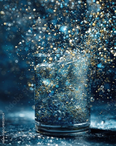 Sparkling Blue Liquid in Clear Glass on Dark Surface.
