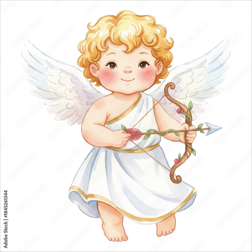 Fototapeta premium Cute Cupid Angel Standing Watercolor Vector Illustration on White Background 