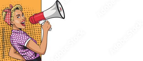 A beautiful girl with a megaphone against the background of a blank banner in pop art style