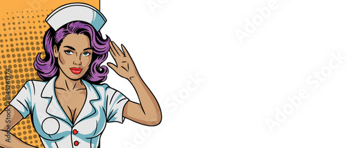 A beautiful girl doctor against the background of a blank banner in pop art style