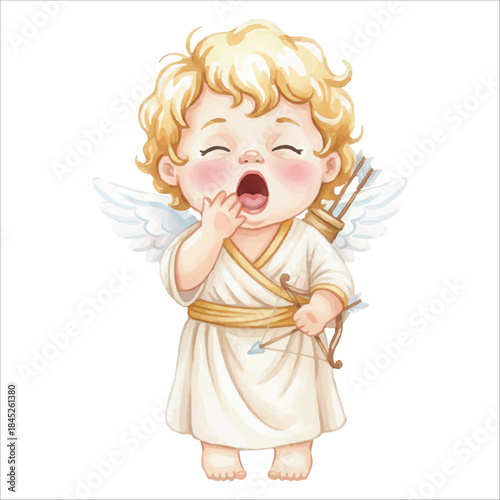 Cute Cupid Angel Yawning Watercolor Vector Illustration on White Background
