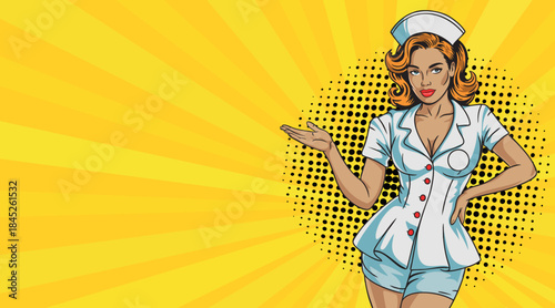 A beautiful girl doctor shows on a colored background in pop art 