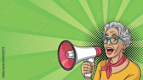 A cute grandma with a megaphone in pop art style