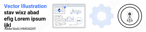 Technology, analytics, innovation, data science, business tools, futuristic design. Graphs and charts on display, gear symbol and abstract geometric eye icon. Technology and analytics concept