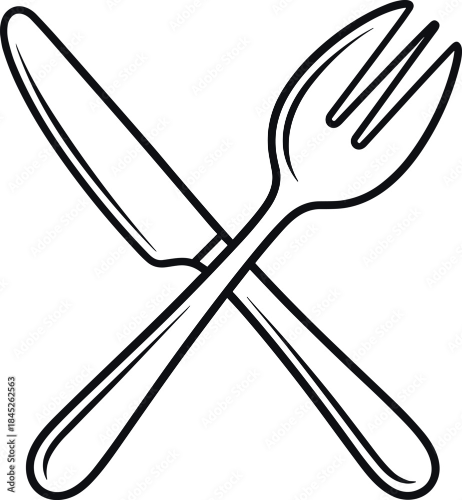 Naklejka premium Crossed Fork and Knife Hand-Drawn Sketch Icon, Restaurant Cutlery Symbol, Simple Kitchen Utensil Black and White Doodle Drawing, Culinary Art Concept.