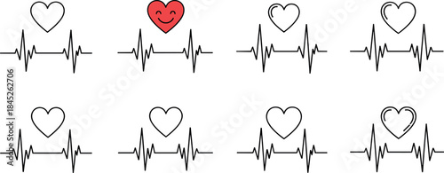 Electrocardiogram Heartbeat Line with Happy Smiling Red Heart Icon, Medical Health Monitor ECG Pulse, Love and Wellness Vector Graphic, Heart Rate Monitoring.