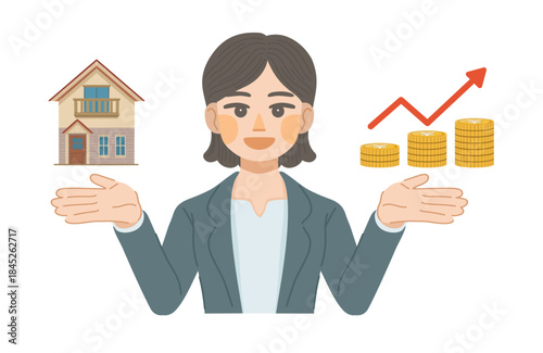 建物の資産価値が上昇して喜ぶ、スーツ姿の女性のイラスト