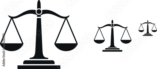 Scales of Justice Icon Set Black Silhouette, Law and Legal Symbol, Balance and Equality Vector Graphic, Court System Element, Lawyer Business Card Design.