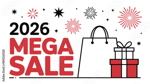 2026 Mega Sale shopping bag and gift boxes with fireworks