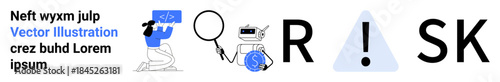 Risk management, financial analysis, decision making, technological systems, data evaluation, business strategy. A mix of icons, including magnifying glass robot and financial symbols. Risk