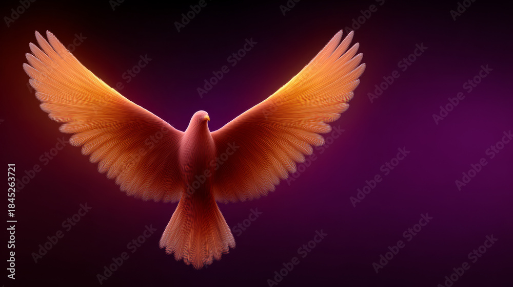 Obraz premium Radiant dove soaring with glowing wings on purple background.