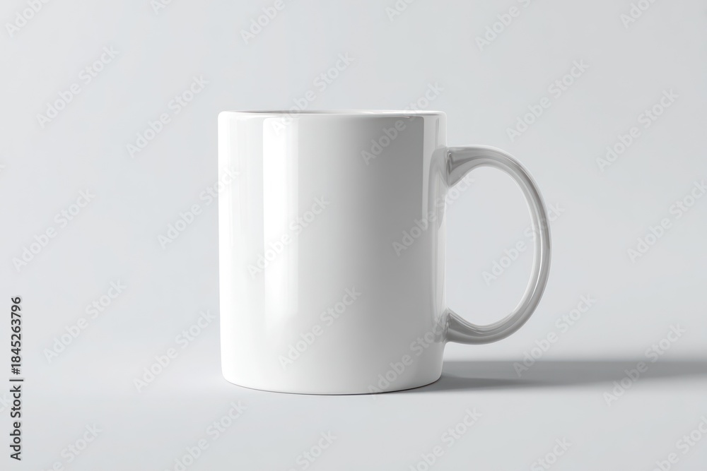 Fototapeta premium Blank white ceramic mug mockup centered on a light gray background.