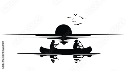 Tranquil lakeside scene with a canoe and birds a beautiful silhouette