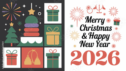 Merry Christmas and Happy New Year 2026 festive greeting card