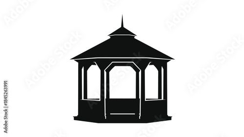 Detailed black silhouette of an ornate gazebo structure with a pointed roof