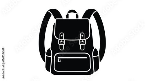 A simple black backpack design detailed straps and buckles silhouette