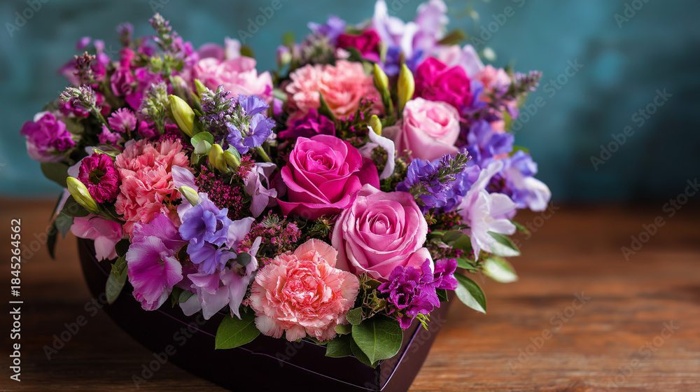 Obraz premium Vibrant fresh flower bouquet artfully arranged in romantic heart shape, colorful floral love symbol, Valentine's Day arrangement, with copy space