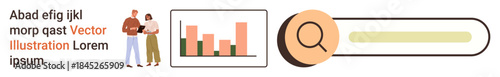 Data analytics, teamwork, collaboration, search tools, research, business strategy. A bar graph with people discussing data and a search bar illustration. Data analytics and teamwork concept