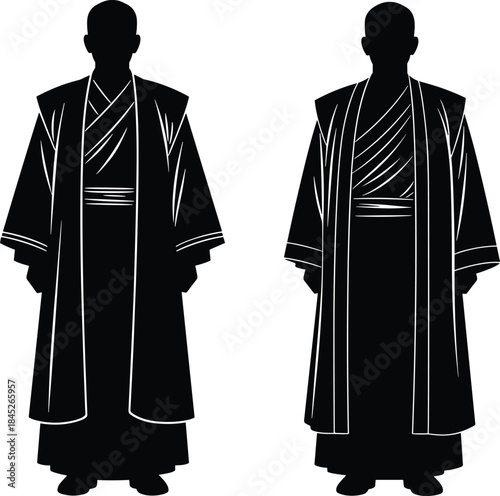 Set of Two Black Silhouette Men in Traditional Oriental Robes or Monk Attire, Standing Pose Isolated Vector Graphic for Asian Culture, Martial Arts, or Religious Design.