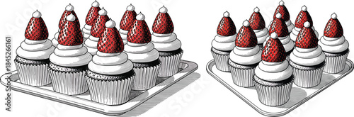 Christmas Cupcakes With Strawberry Santa Hats Festive Dessert Vintage Engraving Style Vector Illustration Set