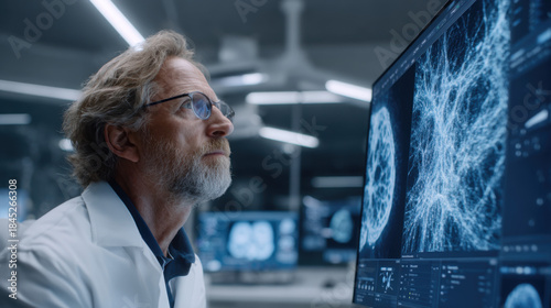 Mature Medical Scientist Analyzing Digital Mammogram and Brain Scan Diagnostics in a High-Tech Laboratory