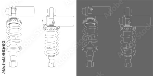 Technical Drawing of Motorcycle Rear Suspension Shock Absorber in Three Visual Styles