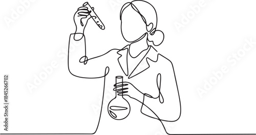 Single continuous line drawing a female scientist is conducting experiments in a laboratory. Holds a test tube and flask.one line  vector illustration  with out background