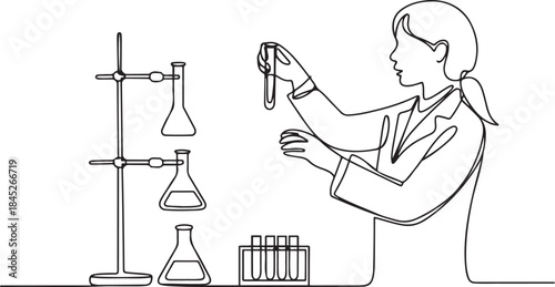 Single continuous line drawing a female scientist is conducting experiments in a laboratory. Holds a test tube and flask.one line  vector illustration  with out background
