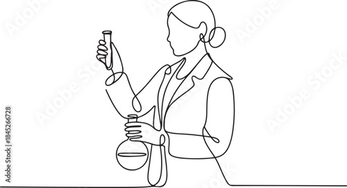 Single continuous line drawing a female scientist is conducting experiments in a laboratory. Holds a test tube and flask.one line  vector illustration  with out background