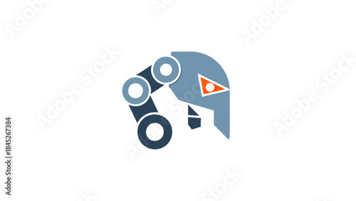 Abstract robotic head logo with gears and circuitry, representing technology and innovation