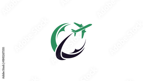 Modern aviation logo featuring a sleek airplane soaring through curved green and black swooshes symbolizing travel and progress