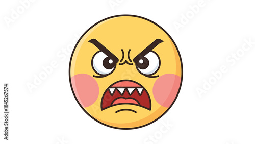 Enraged smiley face emoji with sharp teeth and angry eyebrows, symbolizing fury and extreme displeasure, digital illustration
