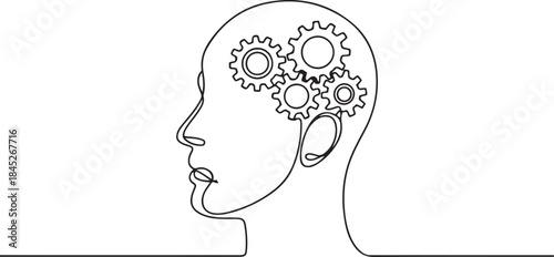 Head of a man with gears inside.one line  vector illustration  with out background