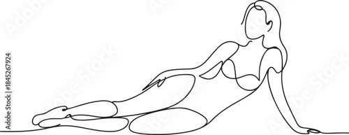 A woman wearing a swimsuit, sitting back, beautiful.one line  vector illustration  with out background