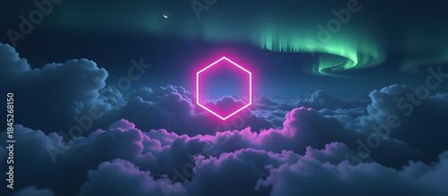 Mesmerizing Digital Artwork of Neon Hexagon Surrounded by Dreamy Clouds Under Northern Lights