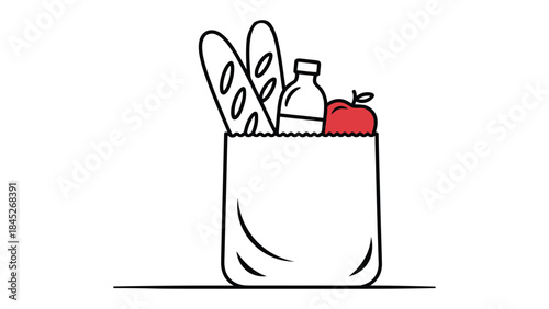  minimal line art illustration of grocery shopping bag with food items, simple outline design representing supermarket, healthy food, eco shopping, retail concept and lifestyle illustration