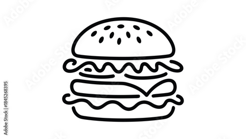  minimal line art illustration of burger icon, simple outline fast food symbol for restaurant menu, food delivery app, cafe branding, packaging design and modern food concept