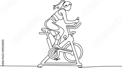 young sportive woman training endurance with static bike in sport gymnasium club center.one line  vector illustration  with out background