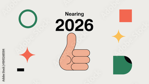 Optimistic hand gesture nearing 2026 with colorful shapes